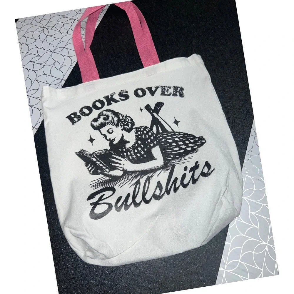 Books Over Bullsh*t Graphic Tote Bag White Pink Straps Canvas